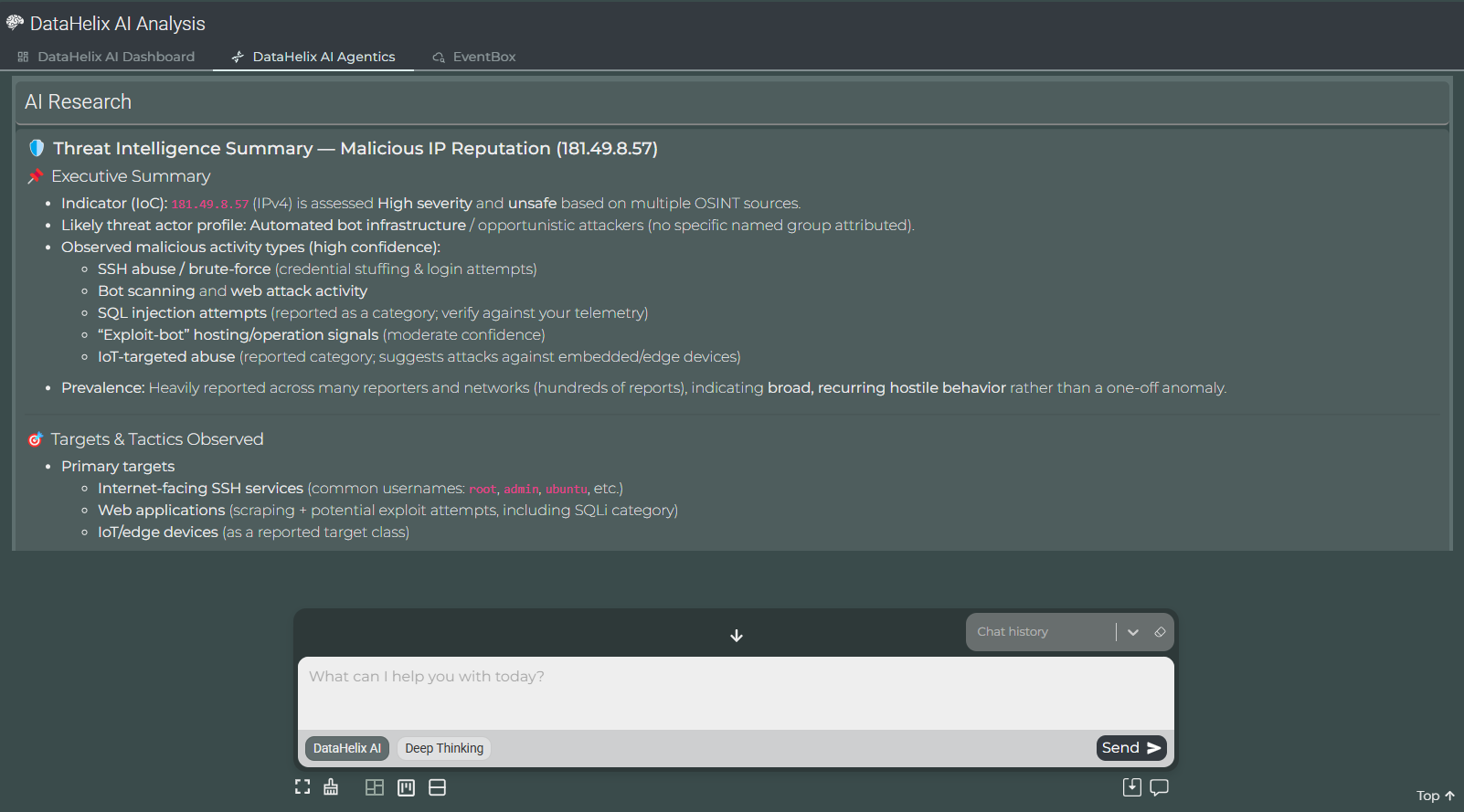 DataHelix AI Assistant displaying an AI research response about a malicious IP address
