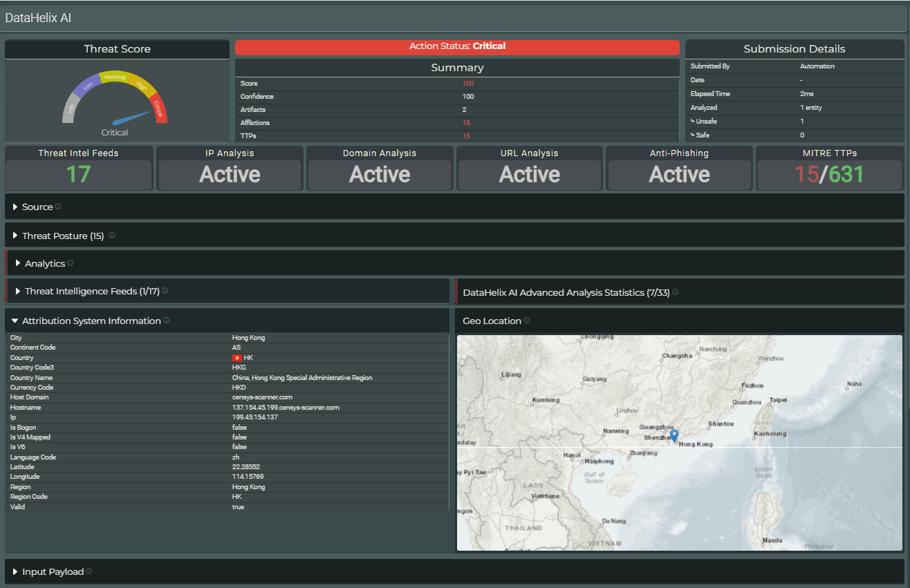 DataHelix AI incident view showing a threat score, summary details, analysis modules and enrichment panels