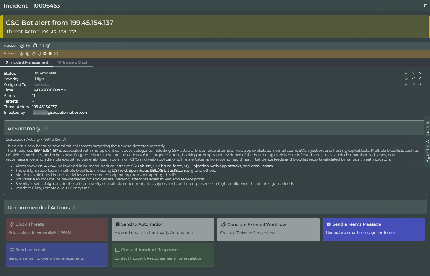 Common incident editor showing the incident management tab, summary details and recommended actions area